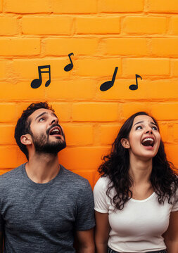 man and woman singing on wall background