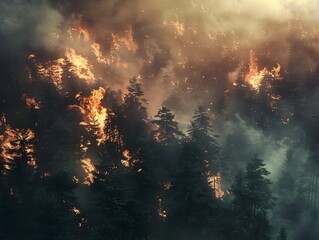 Fototapeta premium Raging Wildfire Consuming Lush Forest Landscape with Smoke and Flames
