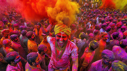 Naklejka premium Vibrant colors fill air as participants celebrate Holi, Hindu festival of colors. Joyful expressions and colorful powders create lively atmosphere of unity and festivity