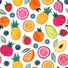 A colorful pattern showcasing various fruits, perfect for fresh and vibrant designs in culinary and health-related projects.