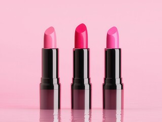 Hydrating lipstick standing upright with dewy gloss, water reflections, pastel pink background, clean design