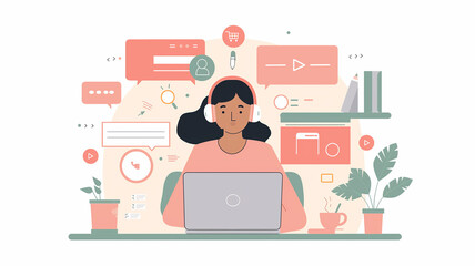 A woman is sitting at a desk with a laptop and a cup of coffee. She is wearing headphones and she is working on a computer. Concept of productivity and focus, as the woman is engaged in her work