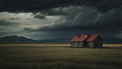 Isolated old cabin in vast field under stormy dark sky with mountains in the distance on a cloudy day.