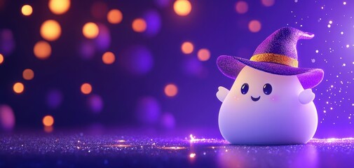 A whimsical ghost character wearing a purple witch hat, surrounded by sparkling lights in a festive, enchanting atmosphere.