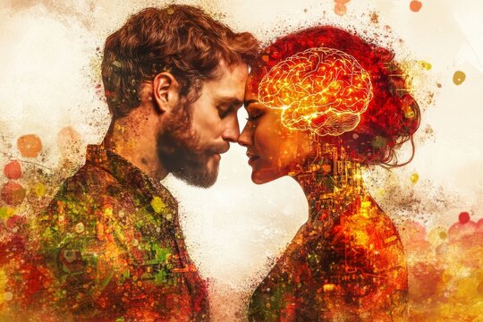 AI driven diagnostics data mining behavior analysis cybernetic organisms and brain simulations romantic couple with illuminated brain patterns reflecting emotional connection through ai