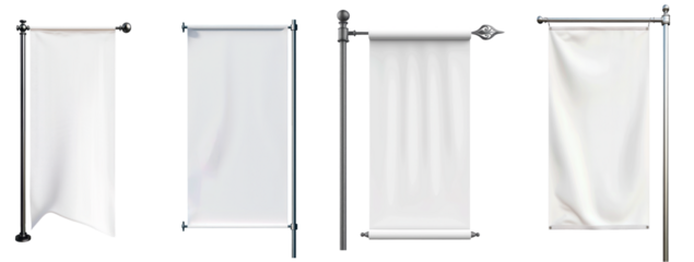 Set of blank white banner frames on metal poles, isolated on transparent background. PNG element.