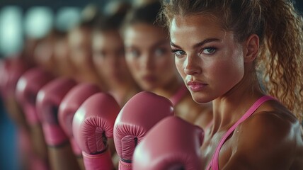 Group of female boxers training with pink gloves in a gym.