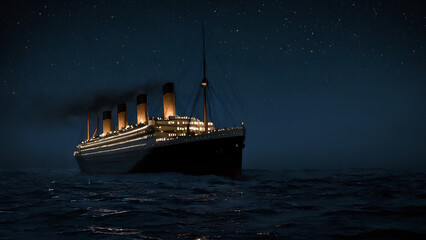 Obraz premium A Ship Illuminated at Night on the Open Sea – Historic Ocean Liner Under Starry Sky