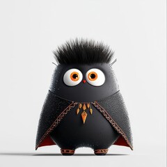 Fototapeta premium Cute cartoon owl character with big eyes and fluffy hair, dressed in a stylish black cape, perfect for playful designs.