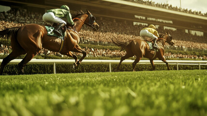 horses galloping on the lush green track