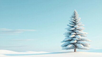 Snow-covered Christmas tree, outdoor setting, 3D illustration, copy space for text,