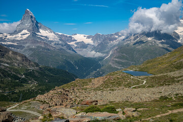 Beautiful Stellisee Lake with a Matterhorn reflection - Five Lakes Trail in Zermatt, Switzerland