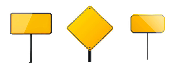 Set of blank yellow road signs, isolated on transparent background. PNG element.