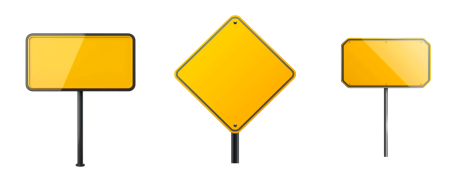 Set of blank yellow road signs, isolated on transparent background. PNG element.