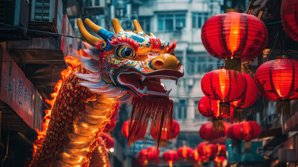 Tai Hang fire dragon parade through narrow streets decorated with red lanterns