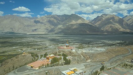 Aerial view of Leh Ladakh, Pangong Tso Lake, Maitreya Buddha, Diskit Monastery in Nubra Valley, Sand Dunes Nubra Valley,