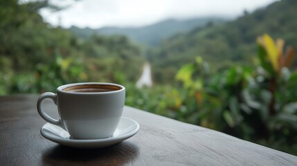 A steaming cup of coffee sits on a wooden table with a lush, green mountain view in the background, offering a peaceful, serene morning atmosphere.