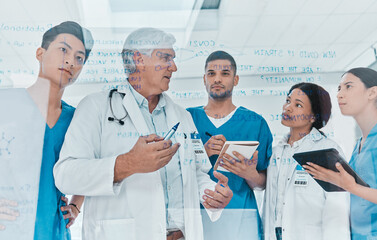 Medical, team and people at glass talking in hospital for medicine formula, vaccine research or...
