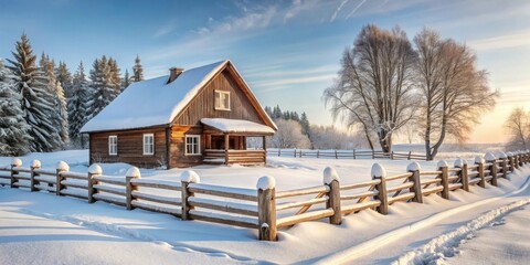 Snow-covered rural house surrounded by a wooden fence in a winter landscape