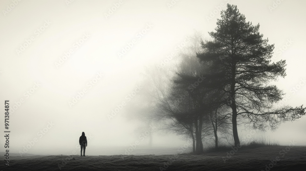 Poster a lonely figure standing in misty empty forest evokes sense of solitude and introspection. fog envel