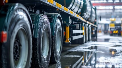 Fototapeta premium Tanker Truck to transport fuel in industrial petroleum plant. Closeup of fuel truck at oil depot Concept Transportation Fuel Industry Oil Depot Operations Refueling Process Closeup