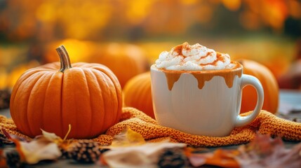 A white coffee cup with a white foam on top sits on a table with a pumpkin