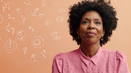Thoughtful Black Woman Surrounded by Floating Mathematical Symbols for Problem-Solving in Peach-Toned Setting