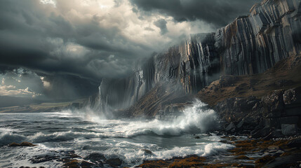 Obraz premium Stormy Cliffscape: A dramatic and powerful seascape, where towering cliffs and crashing waves meet under a stormy sky, a dramatic and powerful seascape. The image is a perfect representation of raw 
