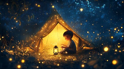 Enchanting Childhood Adventure - Youngster with Lantern in Dreamy Tent Amid Fireflies and Starlit Sky