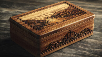 A beautifully crafted wooden keepsake box featuring an intricate engraved design of mountains and serene landscape. This unique piece adds touch of elegance to any space