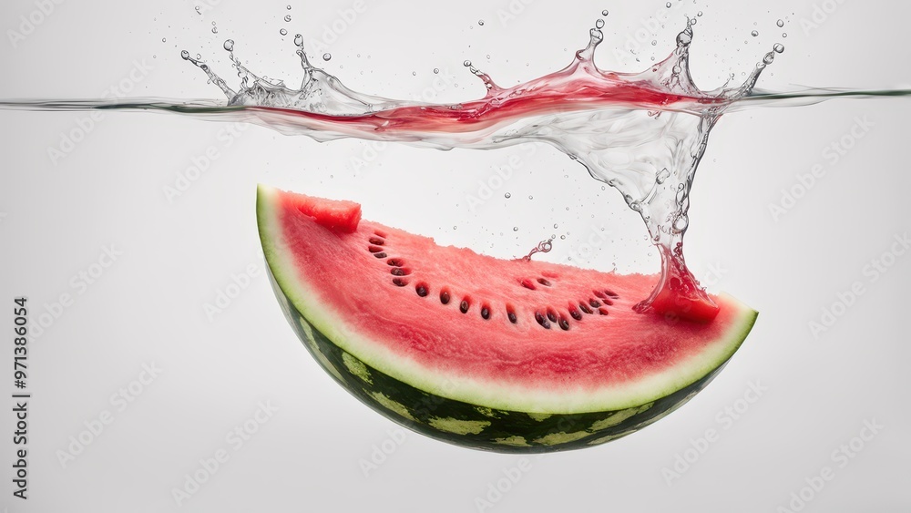 Poster a slice of watermelon splashes into water, creating dynamic visual effects.