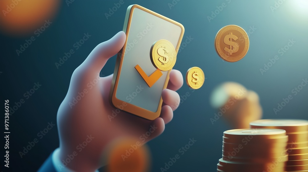 Poster a hand holding a smartphone displays a confirmation checkmark with coins floating above against a bl