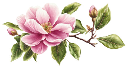 A pink branch with green leaves flower petal leaf.