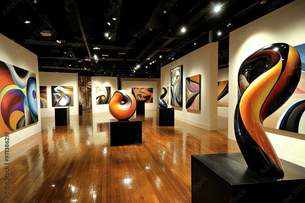 Poster a vibrant art gallery showcasing abstract sculptures and paintings with dynamic colors and forms.