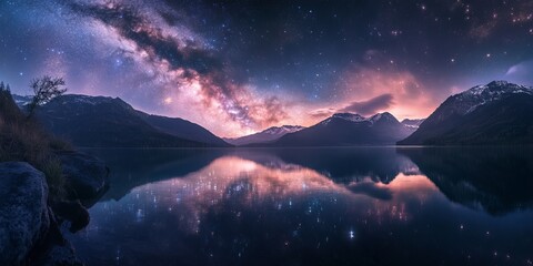 Fototapeta premium A stunning starry sky over the mountains and lake, with vivid colors reflecting on the water, creating an enchanting celestial scene. The Milky Way stretches across the night sky,