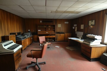 A vacant office space featuring vintage typewriters and wooden furnishings.