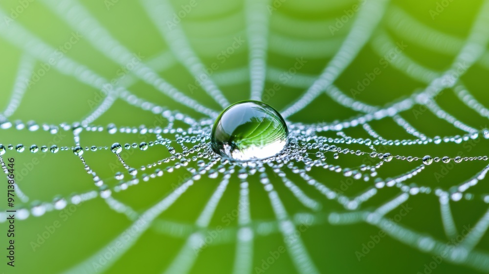 Sticker A close up of a spider web with water droplets on it, AI