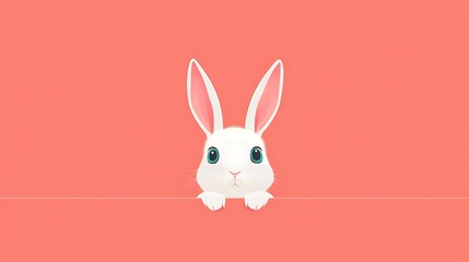 Obraz premium Charming White Bunny with Turquoise Eyes in Minimalistic Style on Coral Background | Vector Flat Illustration