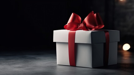  Festive Christmas gift box with a red ribbon and Santa hat against a glittering background