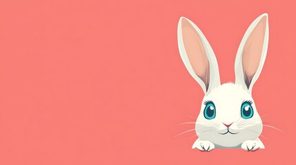 Fototapeta premium Adorable White Bunny with Turquoise Eyes in Minimalistic Style on Warm Coral Background