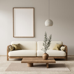 Mock up poster frame in Scandinavian style interior. Minimalist livingroom with wooden furnitures. 3D illustration