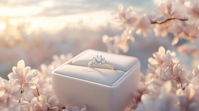 Elegant wedding ring displayed in customized box surrounded by soft pink flowers, capturing romantic and dreamy atmosphere perfect for special occasions