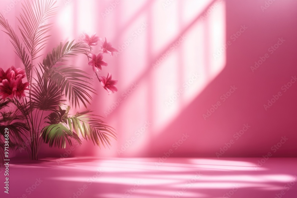 Poster pink gradient studio background with window shadows and foliage.
