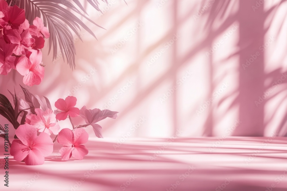 Poster pink gradient studio background with window shadows and palm leaves.