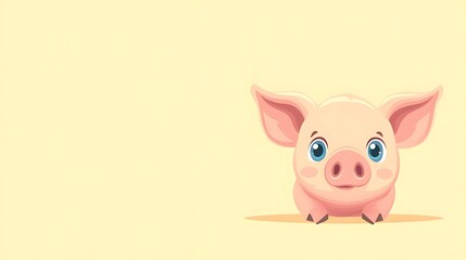 Fototapeta premium Curious Pink Piglet with Blue Eyes Vector Illustration on Light Yellow Background | Cute Minimalistic Design High Resolution