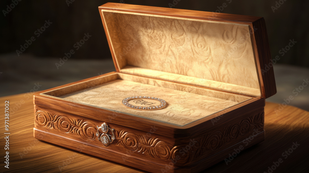 Poster Elegant engraved jewelry box with custom initials, featuring intricate designs and soft light illuminating its wooden texture. Perfect for storing precious items