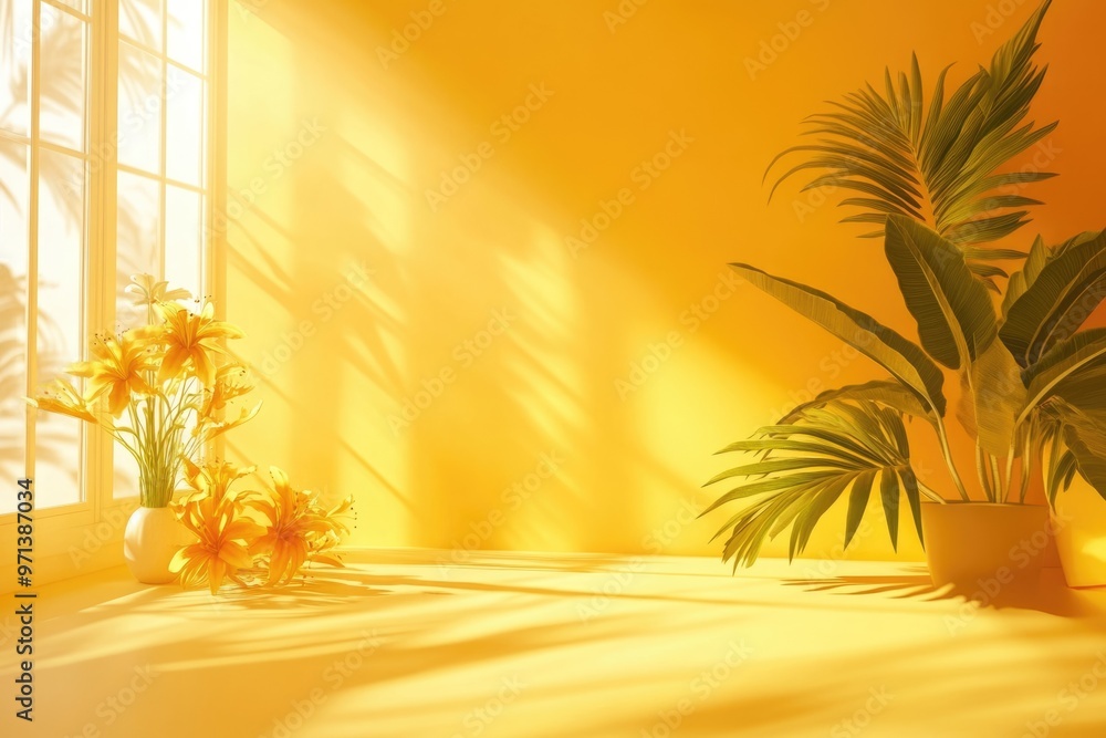 Poster yellow studio background with shadows copy space summer vibes.