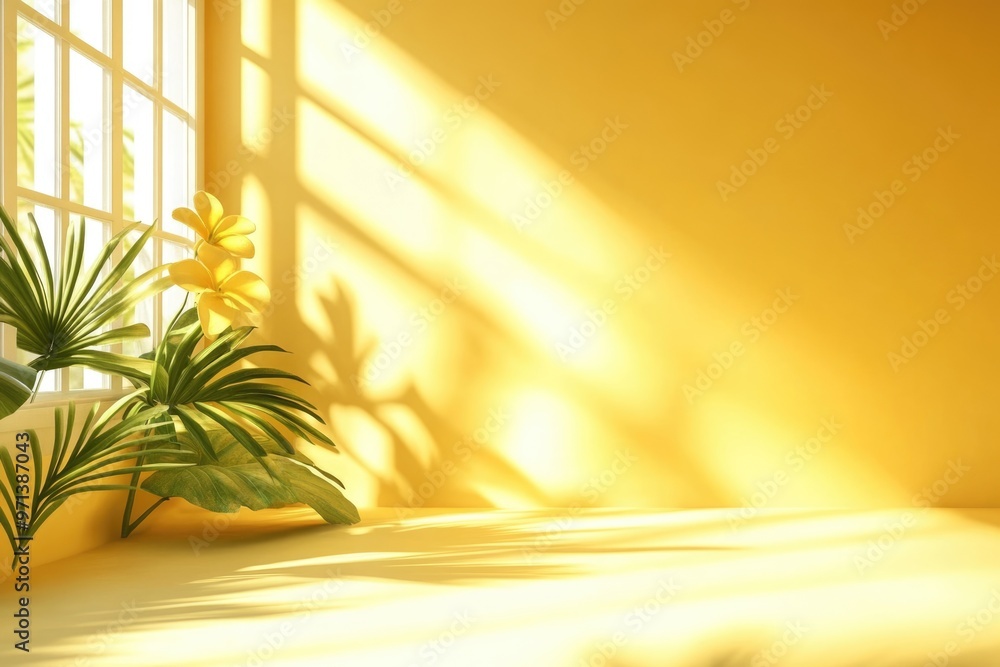 Poster yellow studio background with shadows copy space summer vibes.