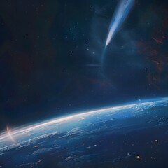 Obraz premium Comet Soaring Over Earth s Atmosphere in Cosmic Spectacle