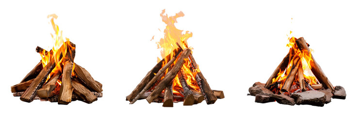 Set of bonfires, isolated on transparent background. PNG element.